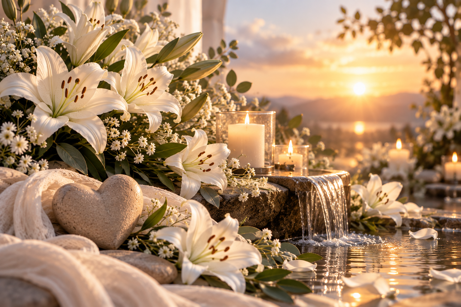 Lilien, Kerzen und Wasser